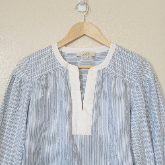 Ann Taylor Loft Striped Quarter Sleeve V Neck Plaid Printed Top Cottagecore - Picture 3 of 11